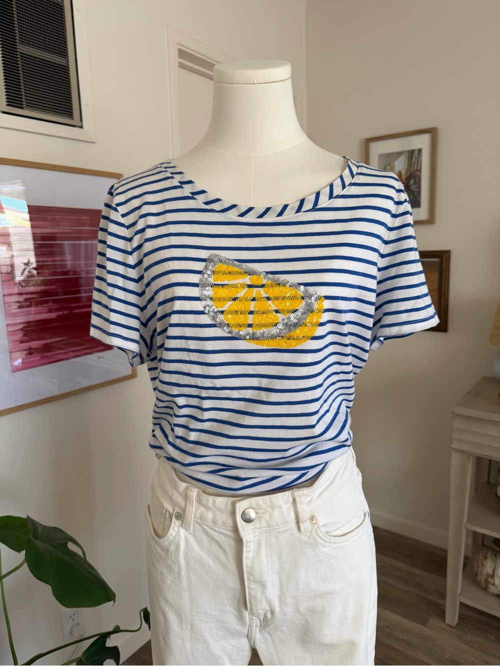 Talbots Blue & White Striped Tee with Sequined Embroidered Lemon